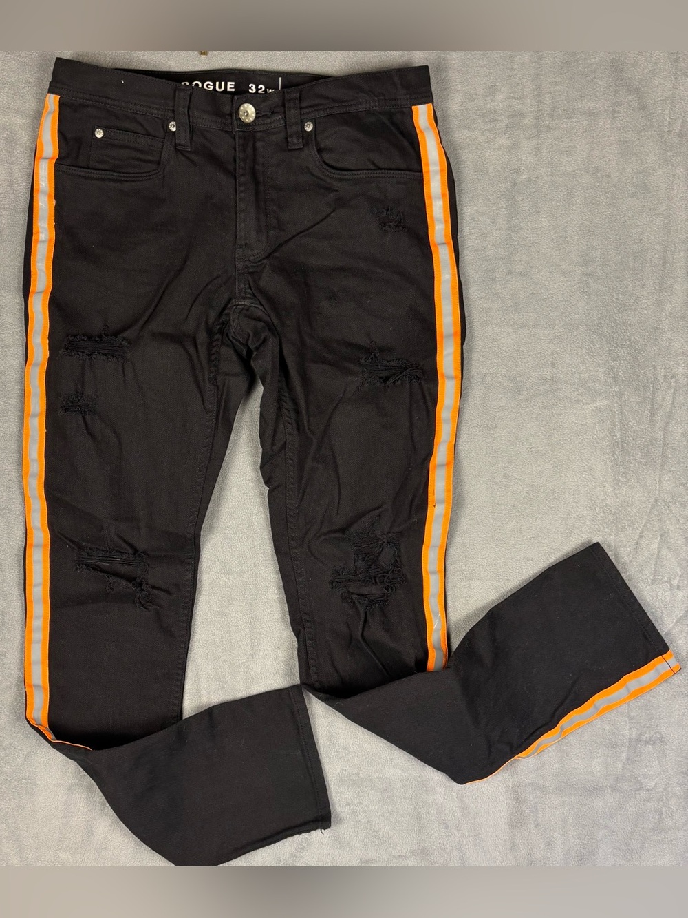 Rogue Mens 32x32 Skinny Jeans Black Distressed Orange Reflective Side Stripe